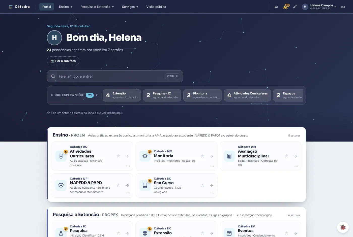 Página inicial do portal com o que espera decisão de quem entrou e os setores agrupados em Ensino, Pesquisa e Extensão e Serviços.