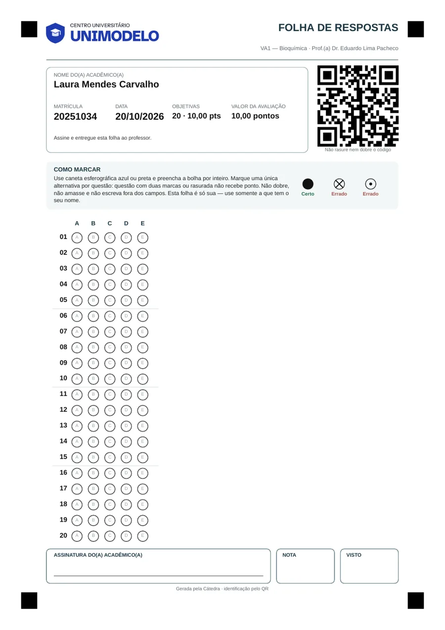 Cartão-resposta com QR de uma prova.